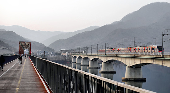Yangsu, Where Two Rivers Meet, old and new Bukhangang Railway Bridge